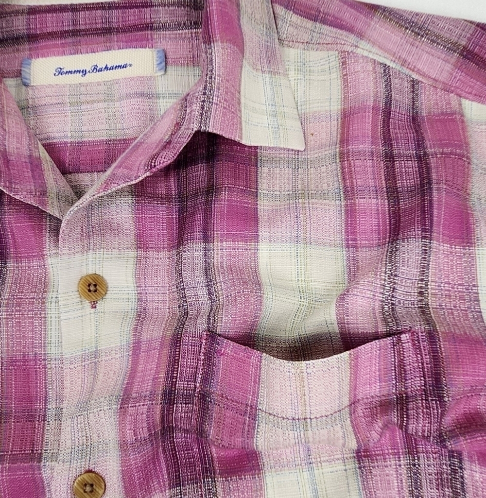 Tommy Bahama Pink Plaid 100% Silk Button Down Pocket Shirt. - Picture 2 of 4